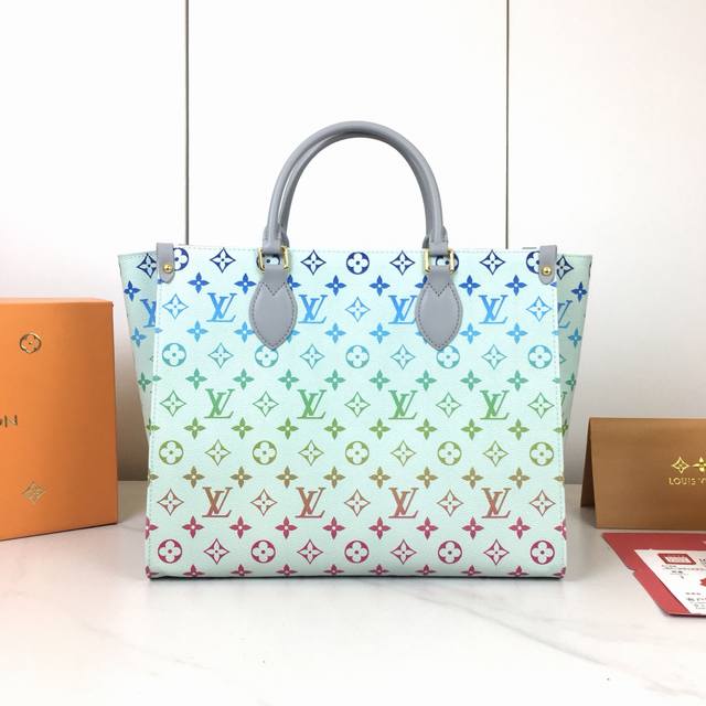 2025 Rainbow Collection, M45039. This medium Onthego bag features classic Monogr