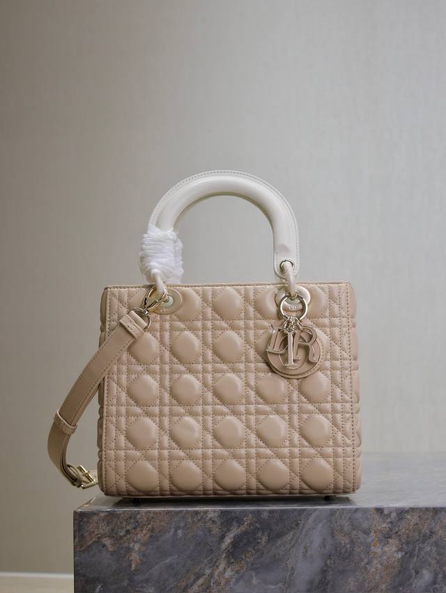 Lady Dio.R Almond and White Five-Grille Lambskin Adjustable Shoulder Strap This