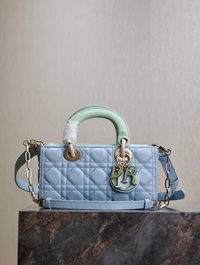 The new Lady Djoy bag, a small, horizontal version in light blue and light green