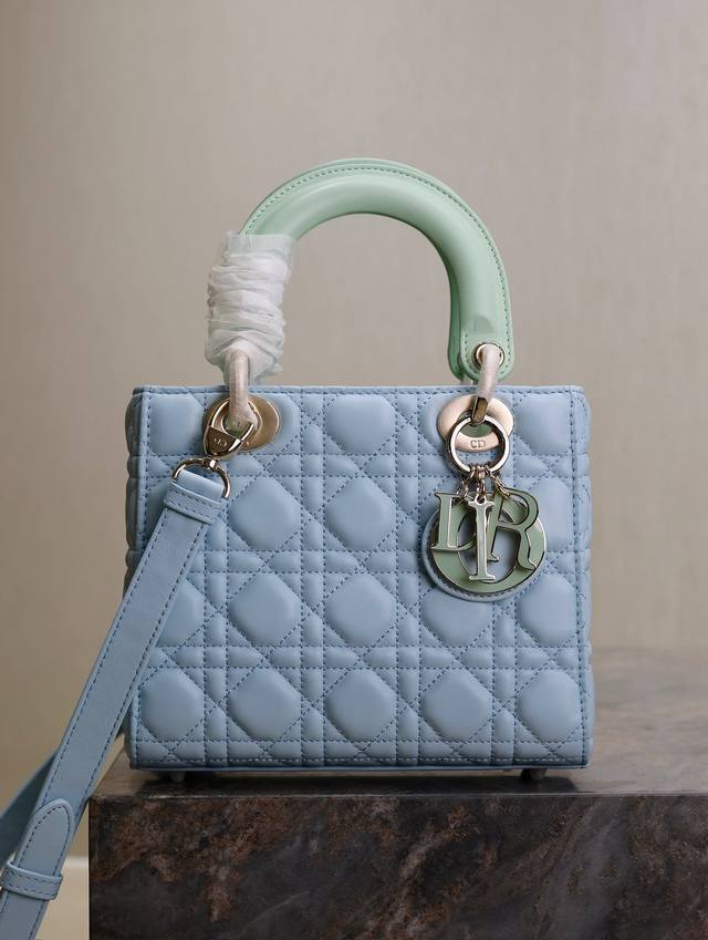 Lady Dio.R. Light blue and light green four-check lambskin adjustable shoulder s