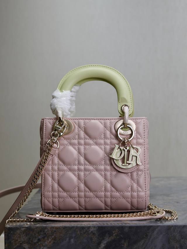 Lady Dio.R Pink and Light Yellow Three-Grid Lambskin Double Shoulder Bag This ba