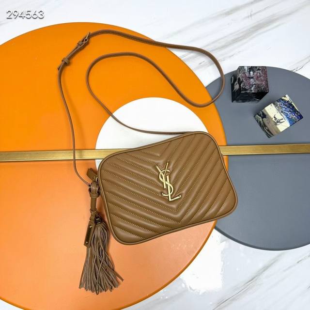 New Lou camera bag, caramel-colored, gold-buckled, premium imported Italian cowh
