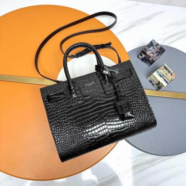 Sac De Jour P classic crocodile-print accordion bag in black, baby size 26cm. It
