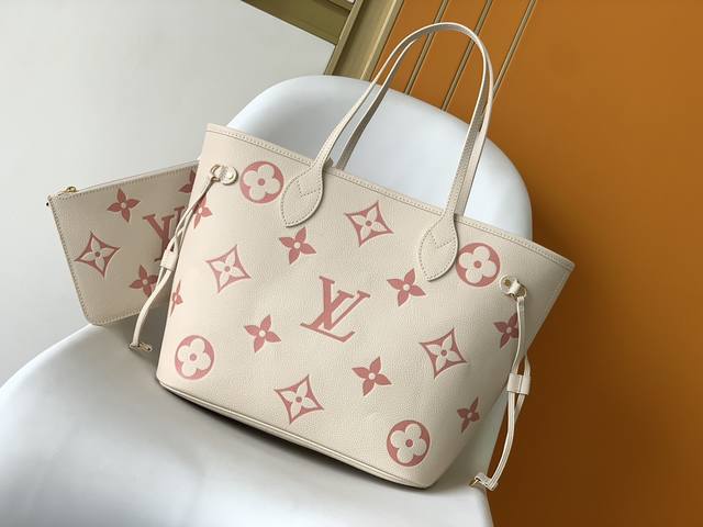 Top original single M21579 Cream white and pink silk screen Neverfull medium sho