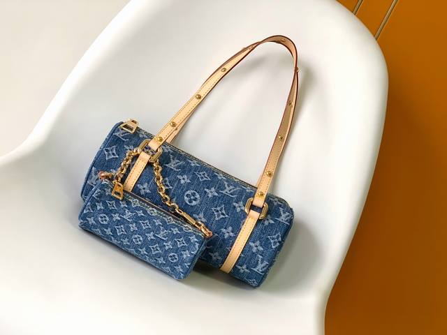 M46830 Premium Original Papillon Handbag, crafted from Monogram Denim canvas, a