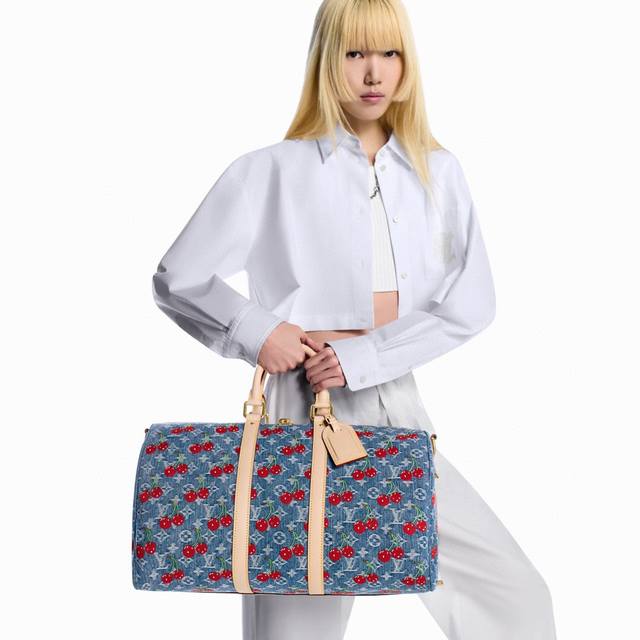 Original M13875 Blue Denim Cherry Travel Bag Lv x Tm Keepall Bandouli
