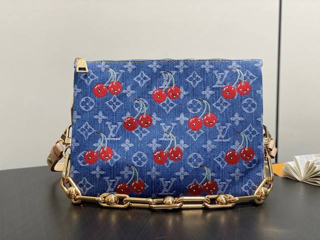 Original boutique M14978 blue denim embroidered cherry chain bag Lv x Tm Coussin