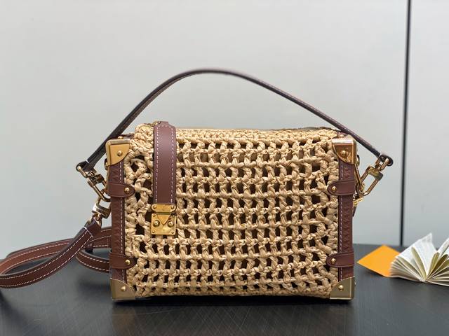 Original M14405 Woven Raffia Soft Box Side Trunk Medium Handbag. This Side Trunk