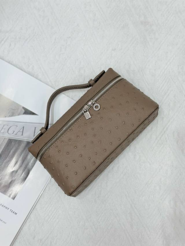 Special Price Loro Piana 19 Lunch Box Bag with Ostrich Pattern and Elephant Gray