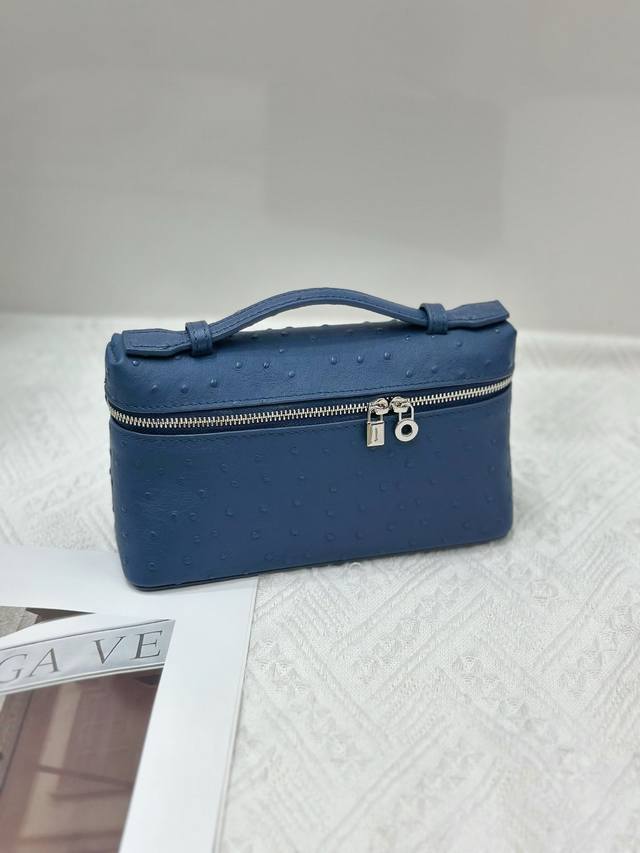 Special Price Loro Piana 19 Lunch Box Bag in Ostrich Pattern Sapphire Blue. The