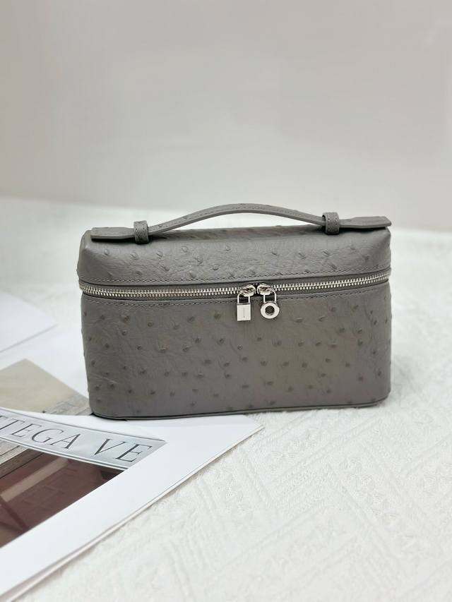 Special Price Loro Piana 19 Lunch Box Bag in Ostrich Pattern and Dove Gray. The