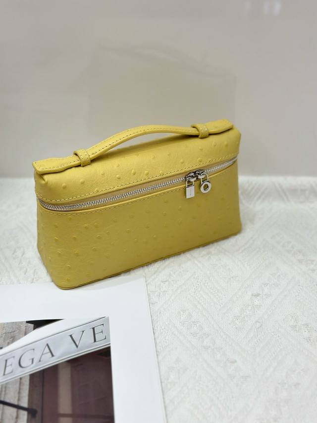 Special Price Loro Piana 19 Lunch Box Bag with Ostrich Pattern and Chick Yellow.