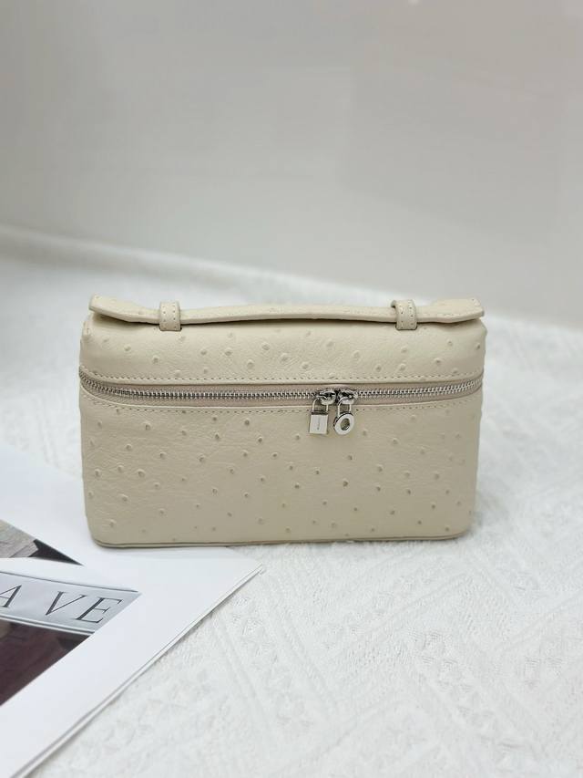 Special Price Loro Piana 19 Lunch Box Bag with Ostrich Pattern in White. The bag