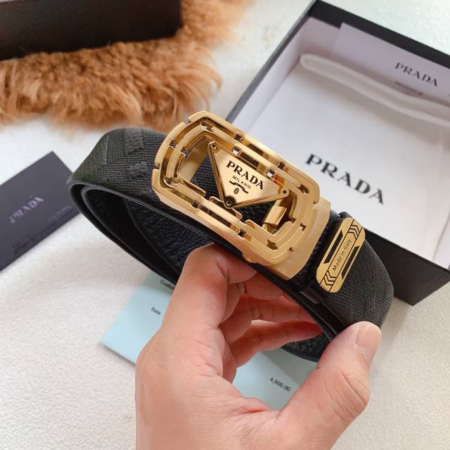 Prada men's new synchronous, pure steel automatic buckle belt, finely crafted ly