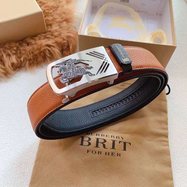 Burberry Men's Automatic Belt - Width 3.8cm, Made of Original Litchi Grain Top-G