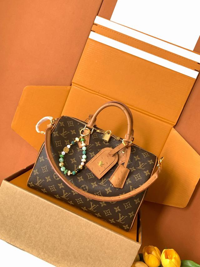 Premium MB163C Chip Edition Original Leather Speedy Soft 30 Dark Handbag: A Stri
