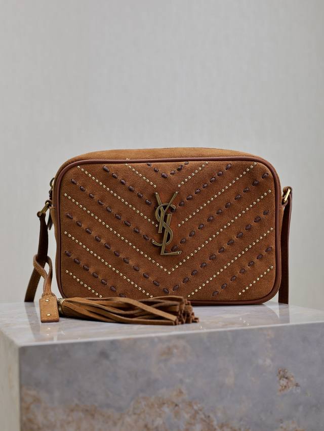 Lou Camera Bag in Caramel Suede with Rivet Drawstring - Premium imported Italian