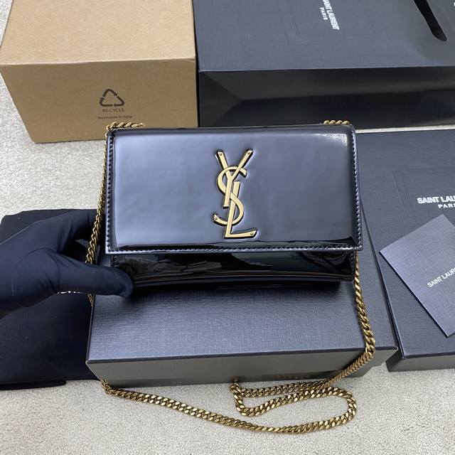 Original leather, black patent leather, antique gold YSL Kate patent leather glo