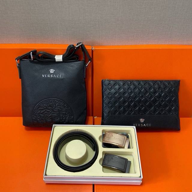 Versace's top-grain leather belt and briefcase combination, packaged in a gift b