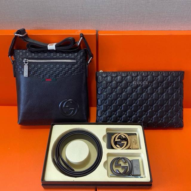Gucci's top-grain leather belt and briefcase combination, packaged in a gift box