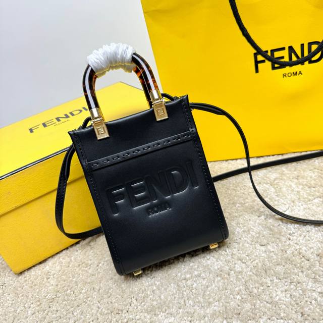 Original Sunshin black leather mini tote bag decorated with hot stamped Fendi Ro