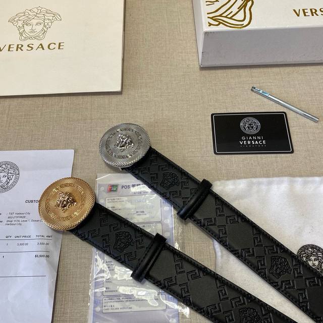 Brand: Versace Grade: Custom cowhide leather, new model. 3.8cm wide. Oil-lined t
