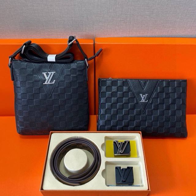 Lv Louis Vuitton top-grain leather belt and briefcase combination is a practical