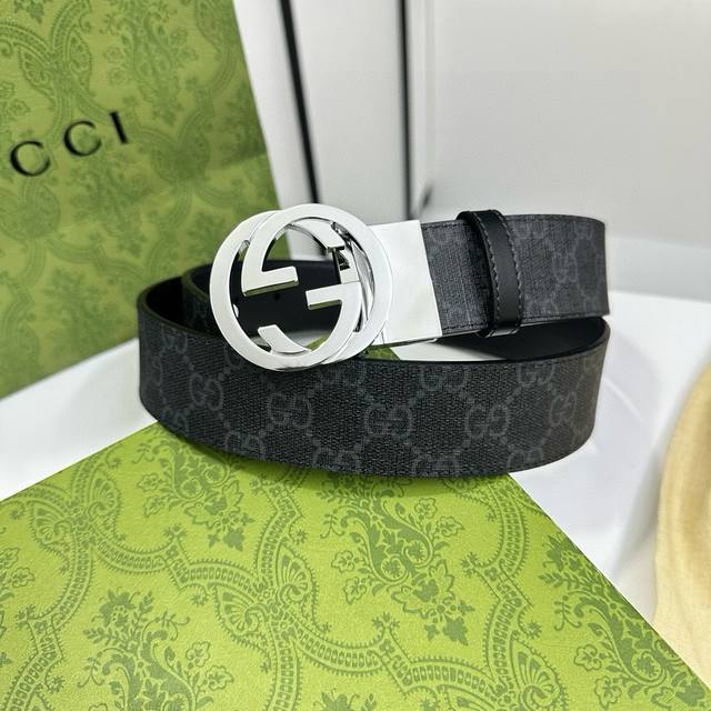 Gucci black and gray PVC monogram calfskin black base width 3.5cm round double G