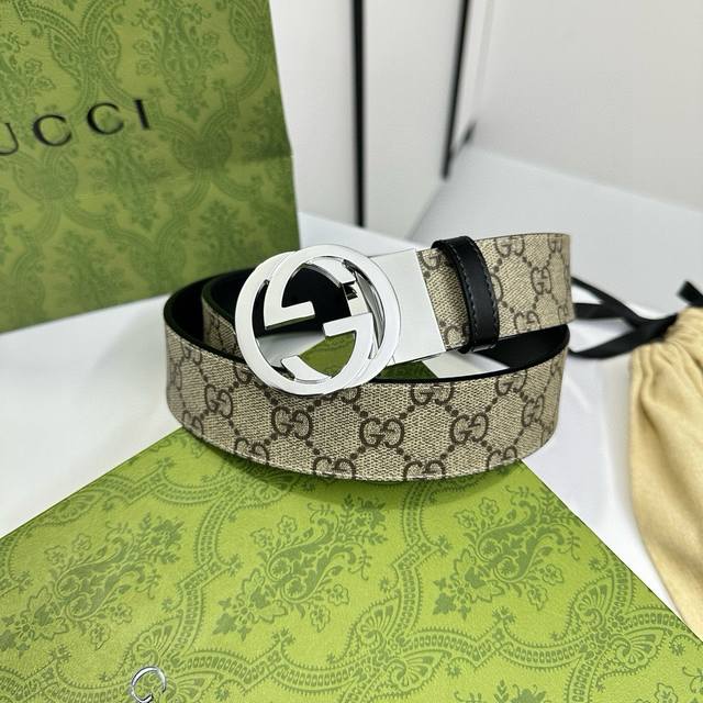 Gucci ebony PVC monogram calfskin black base width 3.5cm round double G rotating