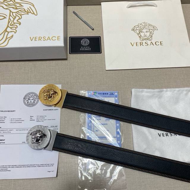 Brand: Versace. Grade: Custom cowhide leather, new model. 3.8cm width. Finely po