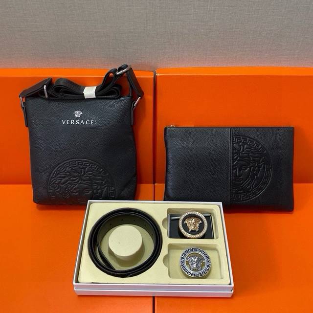Versace's top-grain leather belt and briefcase combination, packaged in a gift b