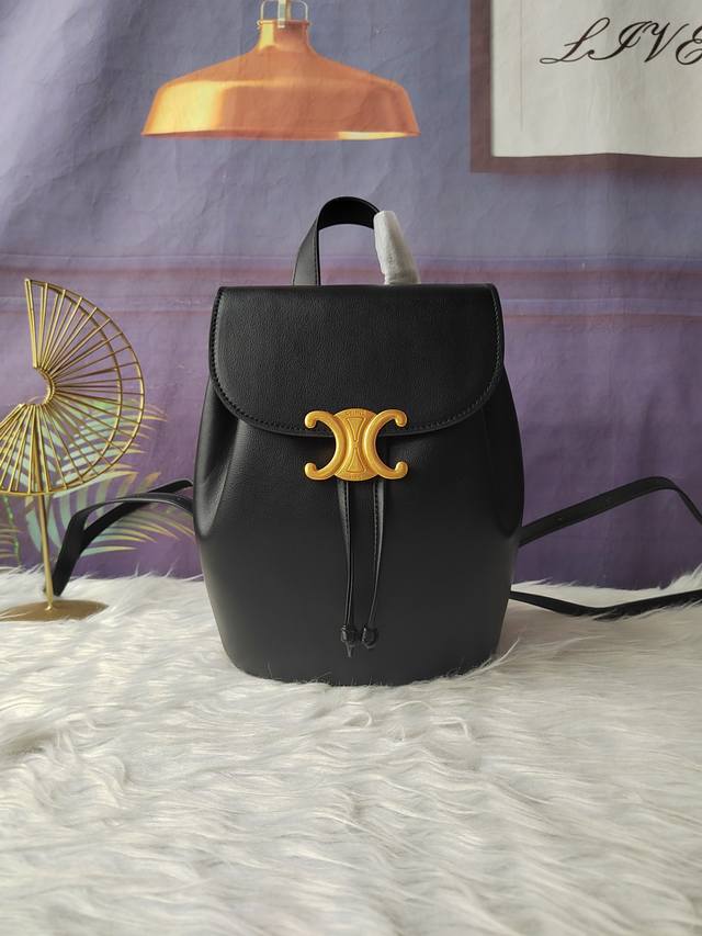 Model No. 118702 Black Backpack, Triomphe Magnetic Buckle Drawstring Leather Ser