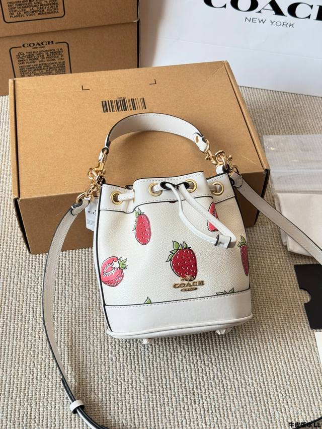 Cowhide version of the Coach Dempsey mini bucket bag. It has two shoulder straps