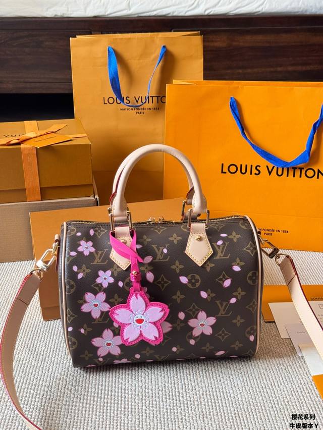Cowhide Lv Speedy Pillow Bag, Murakami Takashi's Sakura Series Lv Speedy 30cm Pi