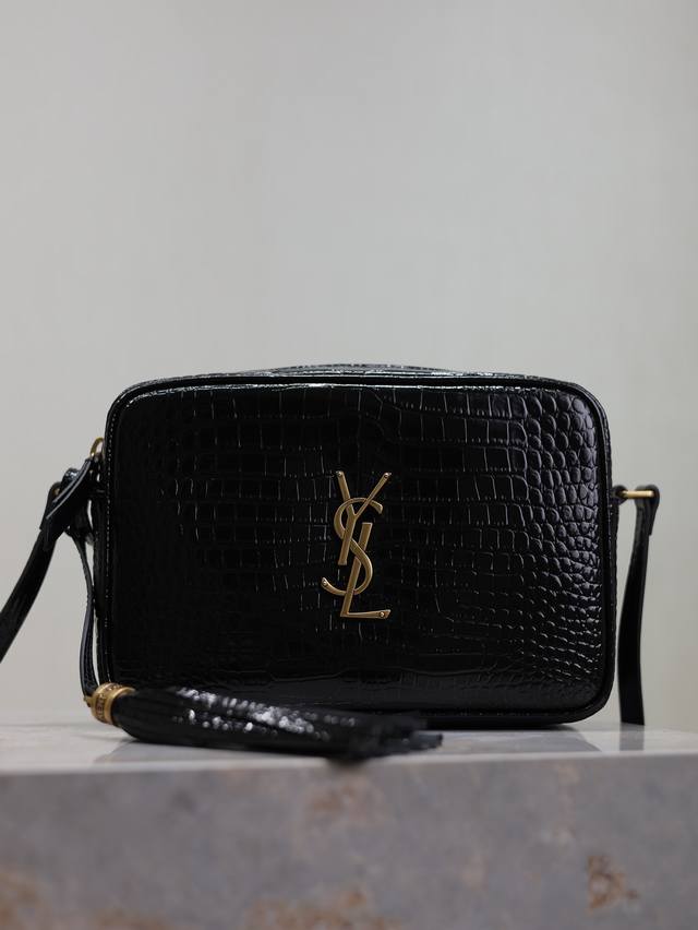 Black crocodile-grain gold-buckle Lou camera bag. Premium imported Italian cowh