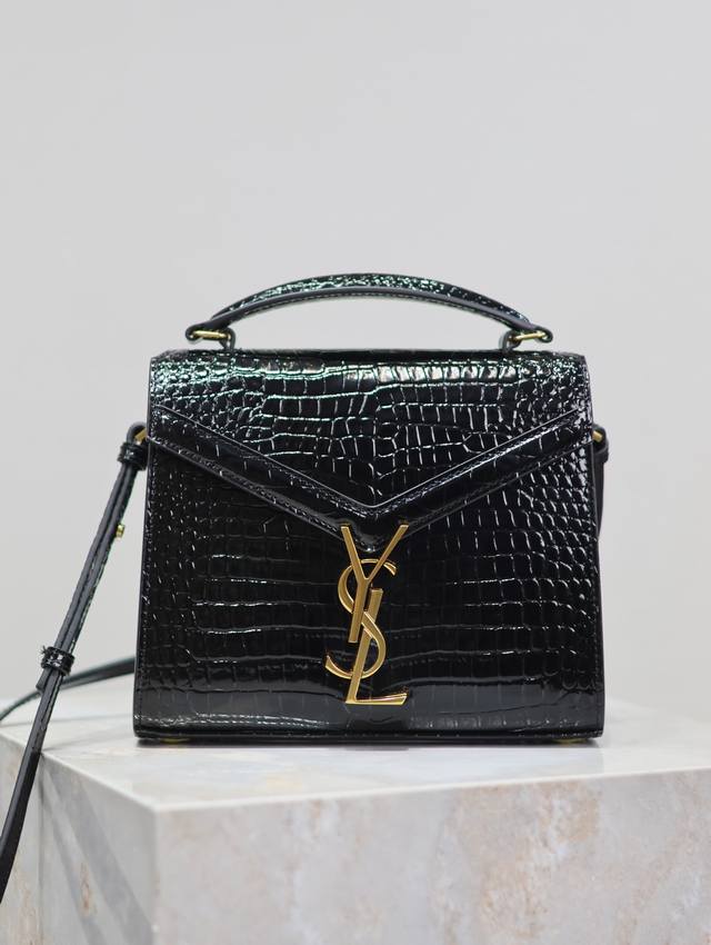 Black crocodile-print Cassandra Mini handbag with gold buckle! This series's un