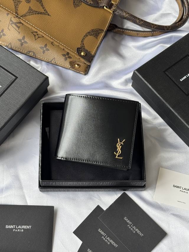 Ysl Men's Wallet in Black with Imported Toothpick Pattern and Gold Buckle. Craft