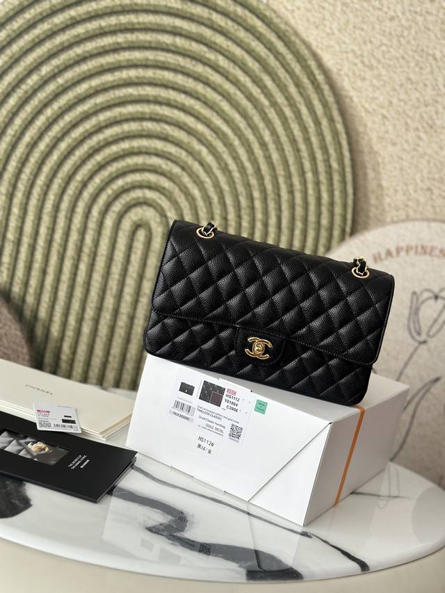 Cf Classic Flap, original lychee pattern, medium black and gold, chip version, o