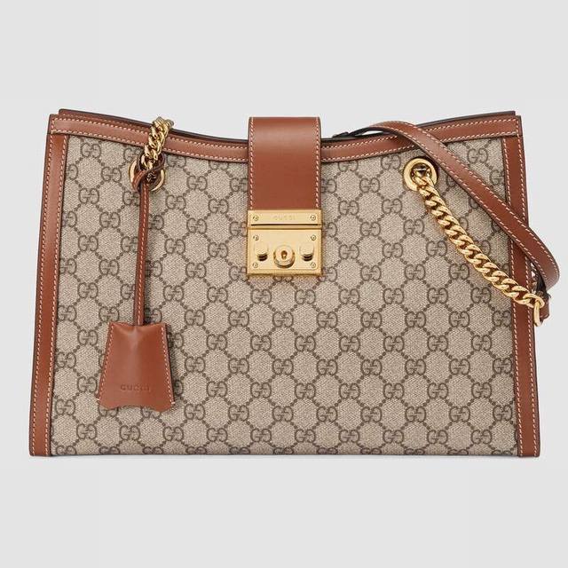 Original leather large Gu*Ci new lockable double-strap shoulder bag. Features g
