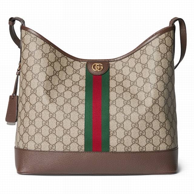 Large Ophidia series Gg medium shoulder bag, beige and ebony with brown leather