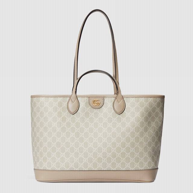 Ophidia series tote bag, beige and white Gg with oatmeal leather, cotton and lin