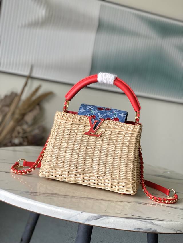 Premium Original Leather M14295 Red Leather Small. This Capucines mini bag feat