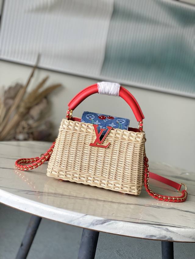 Premium Genuine Leather M14295 Red Leather Mini Capucines Handbag. This miniatu