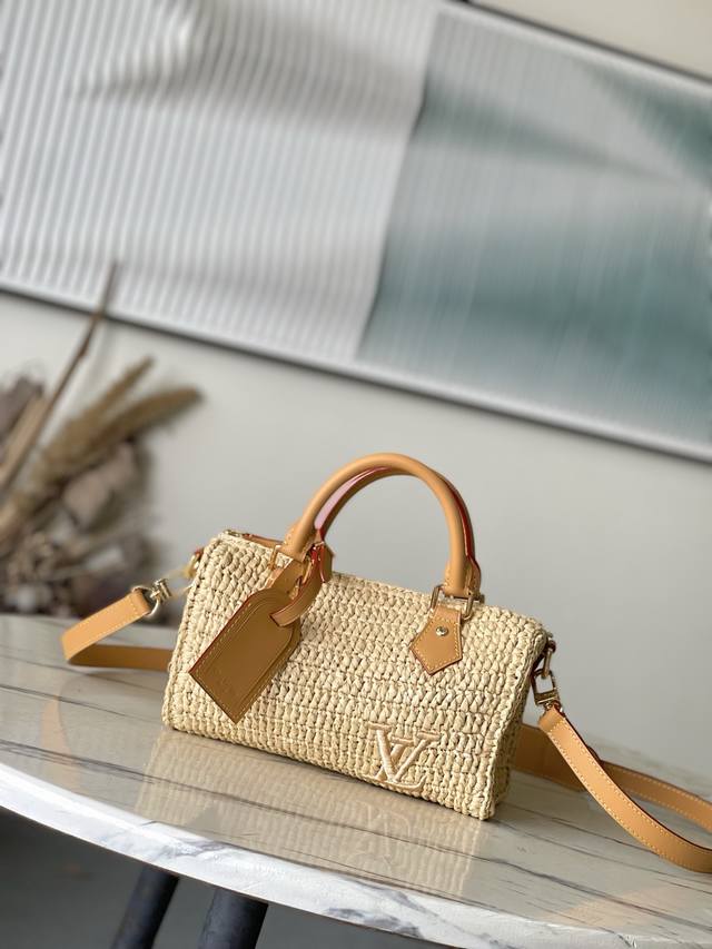 Top-grade original M14456 Speedy 25 Bandouliere handbag. Crafted from raffia, ea