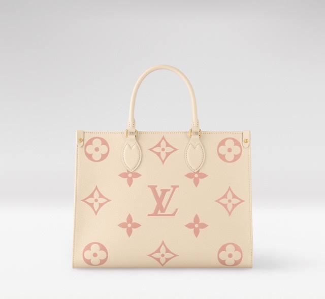 Premium original M21575 cream white and pink silk-screened Onthego medium tote
