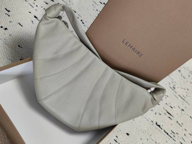 Lemaire Cowhide Croissant Bag in Lychee Grain and Sage Green, Medium Size DDD. T