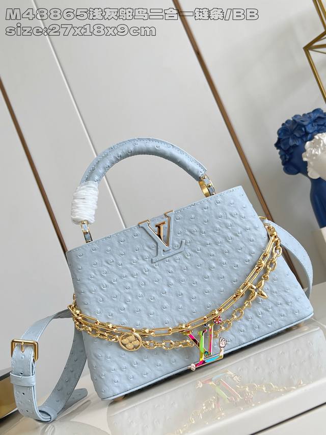 Exclusive, genuine, and photogenic M48865 light gray ostrich two-in-one chain, s