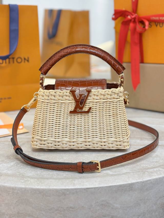 N88126 Brown Mini Crocodile-Embroidered Cap. Na Ying's Capucines mini handbag in