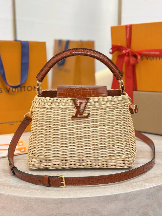 N88126 Brown Crocodile-Embroidered Woven Cap. Na Ying's Capucines Bb Handbag in