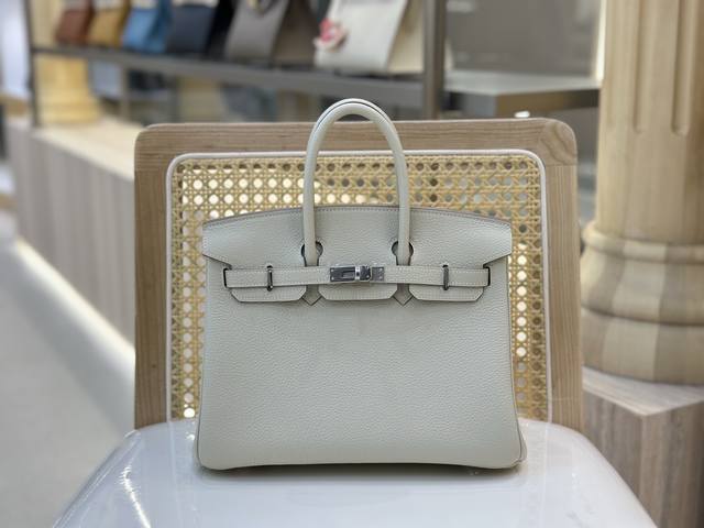 Birkin 25cm Togo leather, fully hand-sewn with waxed thread. Milkshake silver bu